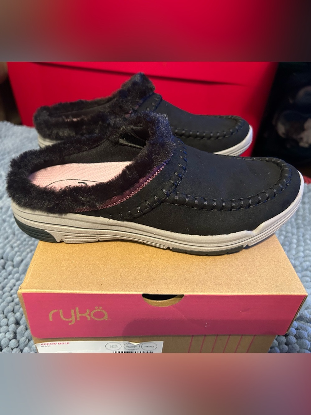 NIB Ryka Arrow Comfort Black Clogs/Mules-Fur Warmth-Athletic Sneaker Women’s 6